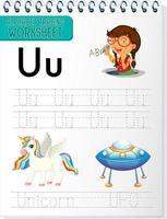 Alphabet tracing worksheet with letter U and u vector