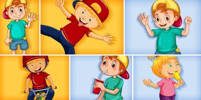 Set of different kid characters on different color background vector