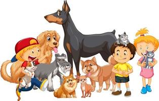 Group of children with their dogs vector