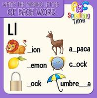 Fill the missing letter of each word worksheet for children vector