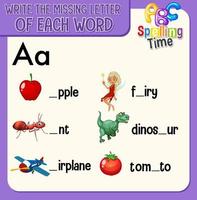 Fill the missing letter of each word worksheet for children vector