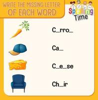 Write the missing letter of each word worksheet for children vector