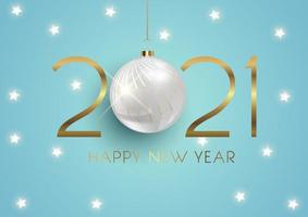 Elegant Happy New Year background with hanging bauble and gold lettering vector