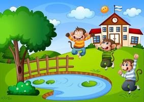 Three little monkeys in nature scene with school building vector