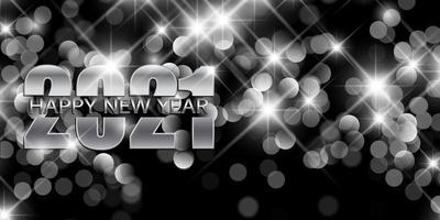 Silver Happy New Year banner with bokeh lights design vector