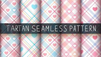 Set of tartan seamless pattern background set with heart shapes