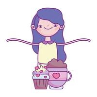 feliz día de san valentín, linda chica con cupcake y taza de chocolate corazones amor vector