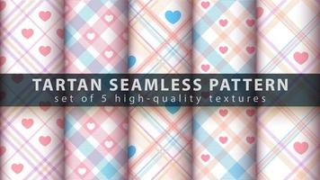 Set of tartan seamless pattern background set with heart shapes