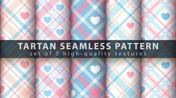 Set of tartan seamless pattern background set with heart shapes vector