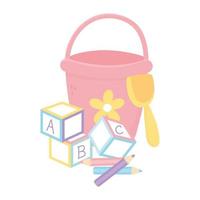 kids zone, bucket shovel alphabet blocks and pencils toys vector