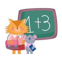 back to school, fox and koala with book bag chalkboard vector