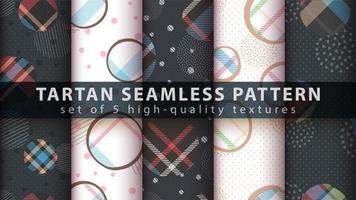Set of geometric shapes with tartan seamless pattern background