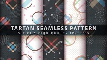 Set of geometric shapes with tartan seamless pattern background vector