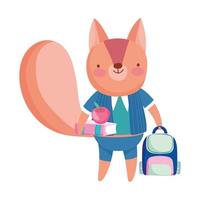 back to school, squirrel with book apple backpack cartoon vector