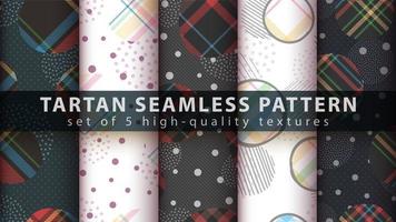 Set of geometric shapes with tartan seamless pattern background