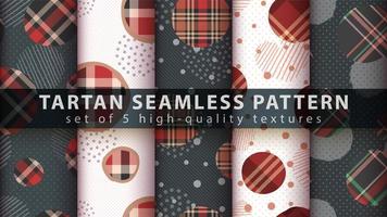 Set of geometric shapes with tartan seamless pattern background