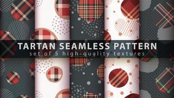 Set of geometric shapes with tartan seamless pattern background vector