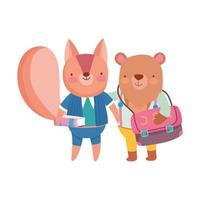 regreso a la escuela, oso con mochila ardilla con libro de dibujos animados de estudiantes vector