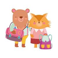 back to school, fox and bear with clothes and backpacks vector