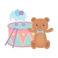 zona infantil, oso de peluche elefante tambor juguetes de dibujos animados vector