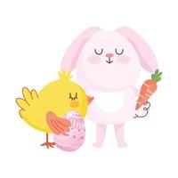 happy easter pink bunny chicken with egg carrot cartoon vector