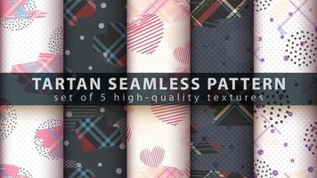 Set of geometric shapes with tartan seamless pattern background