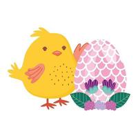 feliz pascua pollo con huevo flores hojas decoracion vector