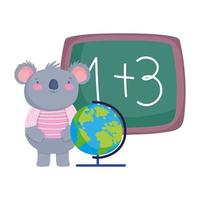 back to school, cute koala with chalkboard globe map cartoon vector
