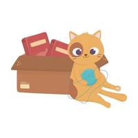 cats make me happy, cat playing ball of wool and box with food vector