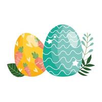 felices huevos de pascua decorativos con zanahorias y líneas de follaje vector