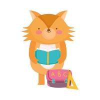 back to school, fox reading book with bag ruler cartoon vector