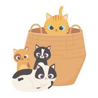 cats make me happy, cat in basket and kittens sitting cartoon vector