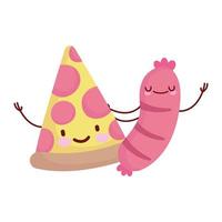 pizza y salchicha personaje de menú comida de dibujos animados lindo vector