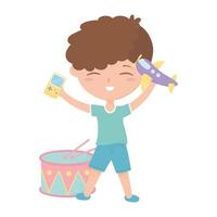 kids zone, cute little boy with video game drum and plane toys vector