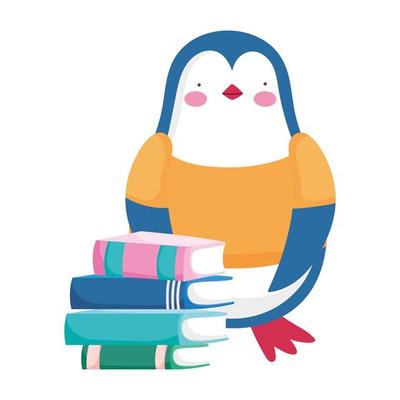 back to school, penguin stacked books student cartoon