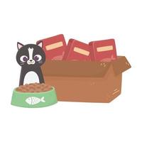 cats make me happy, cat with bowl and cardboard box food vector
