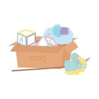 zona infantil, caja con bloques del alfabeto unicornio elefante con ruedas juguetes vector