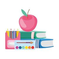 regreso a la escuela libros de manzana lápices paleta de colores y acuarela dibujos animados vector