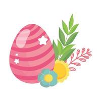 happy easter striped pink egg flowers foliage decoration vector