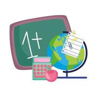 back to school, maths example chalkboard globe map calculator apple vector