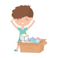 kids zone, cute little boy with filled box toys vector