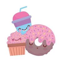 donut cupcake y taza menú personaje dibujos animados comida lindo vector