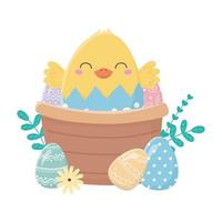 feliz día de pascua, pollo en cáscara de huevo cesta huevos flores dibujos animados vector
