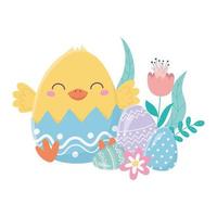 feliz día de pascua, cáscara de huevo de gallina con flores huevos vector