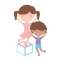 zona infantil, lindo niño y niña en juguetes de bloques. vector