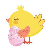 felices pascuas, lindo pollo con decoración geométrica de huevo rosa vector