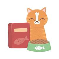 cats make me happy, tabby cat with bowl and box of food vector