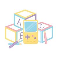 zona infantil, videojuegos con bloques de letras y lápices, juguetes de colores vector