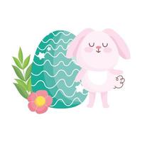 happy easter cute bunny with green egg flower cartoon decoration vector