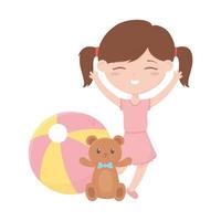 kids zone, cute little girl with teddy bear and ball toys vector